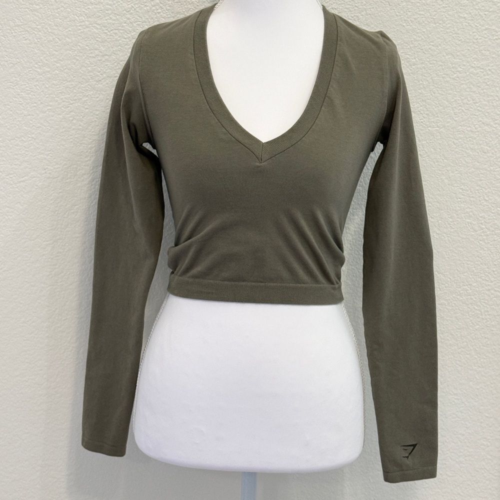 Gymshark Training Long Sleeve Crop Top Olive Green V-Neck Small